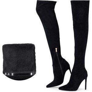 Women Black Suede Wools Lining Pointed Toe 4.3 inch Stilettos Thigh High Boots